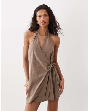 ASOS Cotton Linen Halter Neck Wrap Mini Sundress - Brown