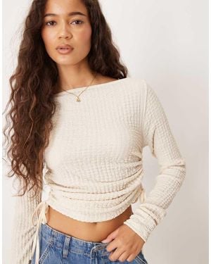 ASOS Textured Long Sleeve Ruched Side Top - Natural