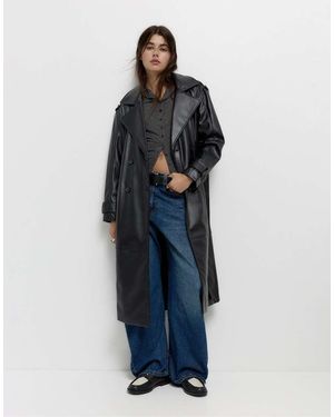 Pull&Bear Faux Leather Trench Coat - Green