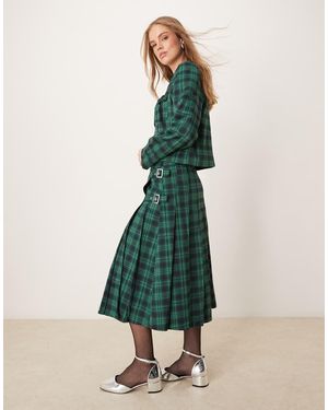 Neon Rose Tartan Midi Kilt Skirt Co-ord - Green