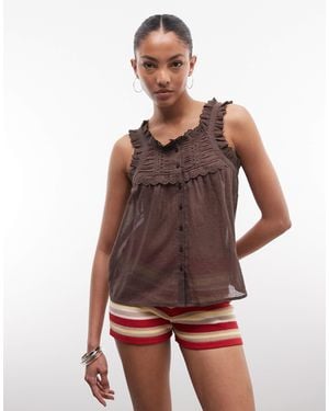 Noisy May Frill Sleeve Button Through Top - Brown