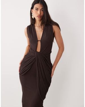 ASOS Plunge Neck Gather Detail Mesh Maxi Dress - Brown
