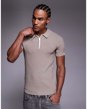 River Island Ribbed Muscle Fit Polo Shirt - Grey
