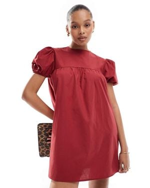 ASOS Poplin Babydoll Smock Dress With Puff Sleeve - Red