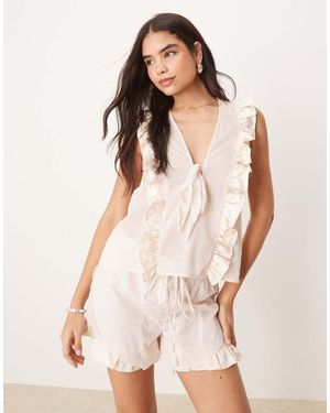 Luna Satin Ruffle Pj Top Co Ord - Natural