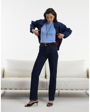 River Island High Waisted Belted Straight Leg Jeans - Blue