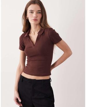 Miss Selfridge Fitted Rib Polo Top With Picot Stitch - Purple