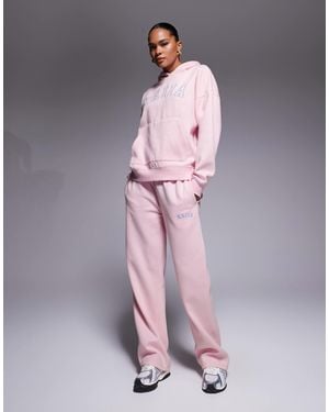 Kaiia Exclusive Cotton Rich Embroidered Logo Wide Leg sweatpants Co-ord - Pink