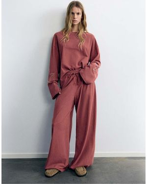 Pull&Bear Wide-leg Star Trousers - Red