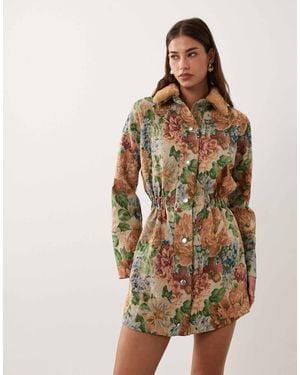 ASOS Cinched Shirt Mini Dress With Detachable Faux Fur Collar - Green