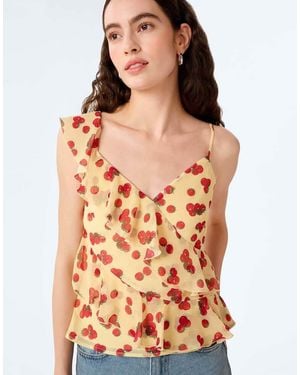 OMNES Tops Francie Chiffon Cami Top With Asymmetric Ruffles - Red