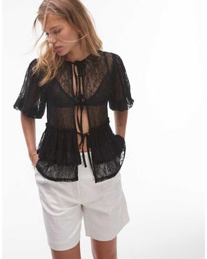 TOPSHOP Lace Tie Front Top - Black