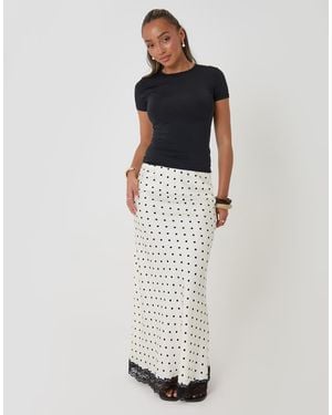 Threadbare Polka Dot Satin Lace Trim Maxi Skirt - White