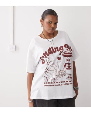 Noisy May T-Shirt Oversize Bianca Con Stampa Di Caffè - Bianco