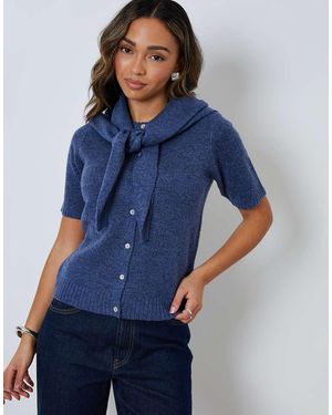 Threadbare Scarf Neck Short Sleeve Cardigan (2-Piece Set) - Blue