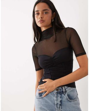 ASOS Top De Manga Corta Con Cuello Alto Y Mezcla De Malla Con Detalle En El Busto En - Negro
