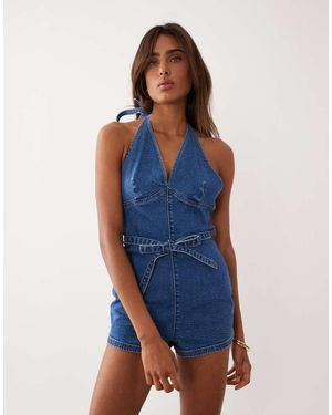 Miss Selfridge Plunge Tie Waist Playsuit - Blue