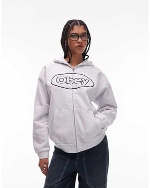 Obey Sudadera Con Capucha, Cremallera Y Logo Ovalado De Tejido Muy Grueso De - Blanco