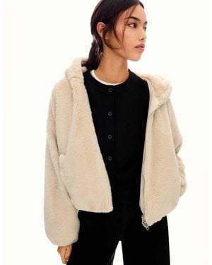 Bershka Hooded Faux Fur Jacket - Black