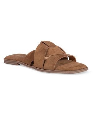 SEQWL Wide Fit Flat Mules Minimalist Slides With Crossover Strap Detail - Brown