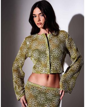 South Beach Crochet Floral Sequin Button Front Cardigan - Green