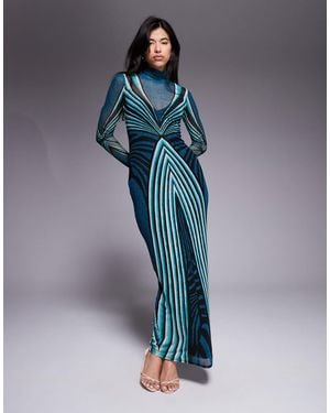AFRM Stretch Mesh Abstract Stripe High Neck Long Sleeve Maxi Dress - Blue