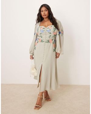 Hope & Ivy Plus Embroidered Square Neck Open Back Midi Dress - Natural