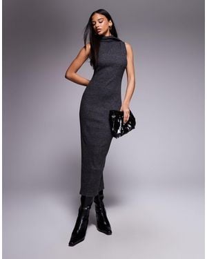 ASOS Sleeveless Scarf Detail Ribbed Midi Dress - Gray