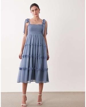 LACE & BEADS Chiffon Dobby Bow Shoulder Shirred Ruffle Midi Dress - Blue