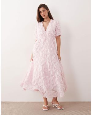 Y.A.S Textured V Neck Midi Dress - Pink