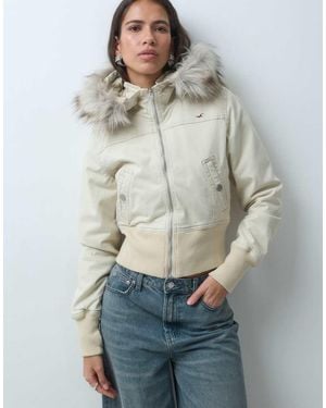 Hollister Cropped Twill Puffer Jacket With Faux Fur Hood - Grey