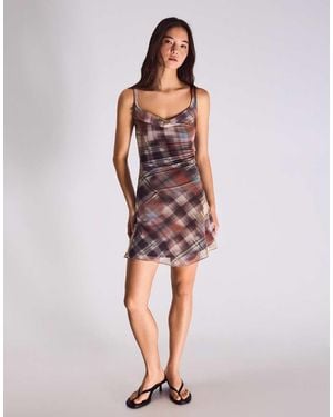 Bershka Mini Tulle Checked Dress - Brown