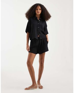 Vero Moda Pantalones Cortos Negros De Bambula Texturizada De (Parte De Un Conjunto)