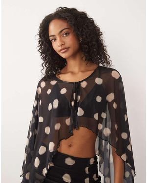 ASOS Co-ord Printed Mesh Caped Tie Front Top - Grey
