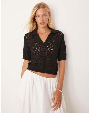 Brave Soul Pointelle Knit Collared T-Shirt - Black