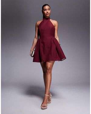 Jarlo High Neck Dropped Waist Mini Dress - Red