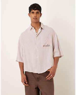 ASOS Camisa A Rayas De Corte Cuadrado Extragrande Con Bordado En El Pecho De -Neutro - Rosa