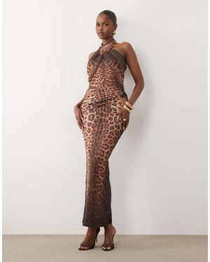 Ruched & Ready Mesh Cross Front Halterneck Drape Waist Detail Maxi Dress - Pink