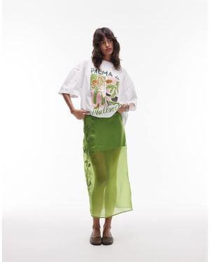 TOPSHOP Embroidered Organza Midi Skirt - Green