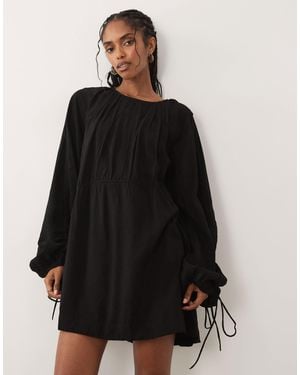 ASOS Crew Neck Mini Dress With Ruched Waist Channel And Blouson Sleeves - Black