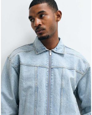 Liquor N Poker Boxy Rhinestone Embellished Denim Jacket Co-ord - Blue