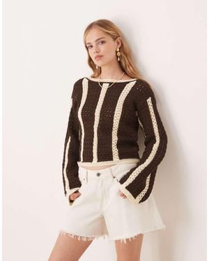 ASOS Knitted Vertical Stripe Crochet Look Jumper - Natural
