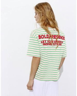 Pull&Bear Striped T-shirt With Slogan - Green