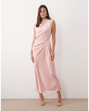 ASOS Satin High Neck Pleated Bodice Midi Dress - Pink