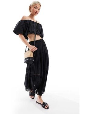 New Look Lace Insert Crinkle Tiered Midi Skirt - Black