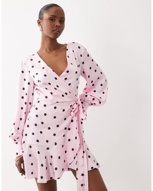 Vila Long Sleeve Satin Wrap Mini Dress - Pink