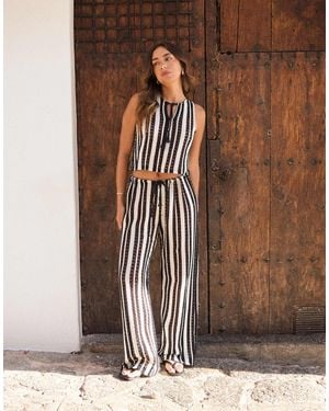 4th & Reckless X Luana Barron Crochet Knit Wide Leg Beach Pants Co-ord - Brown