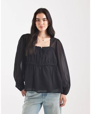 ASOS Sheer Yoke Chiffon Ruched Detail Blouse - Black