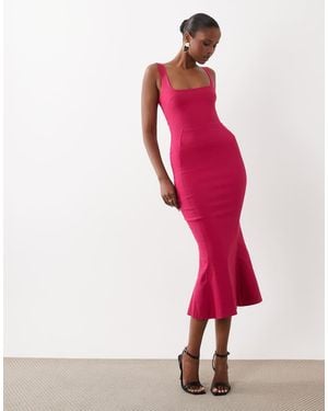 Vesper Bengaline Sleeveless Square Neck Fishtail Midi Dress - Pink