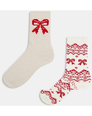 Lindex Pack De 2 Pares De Calcetines Con Estampado De Grecas Alpinas Y Corazones De -Blanco